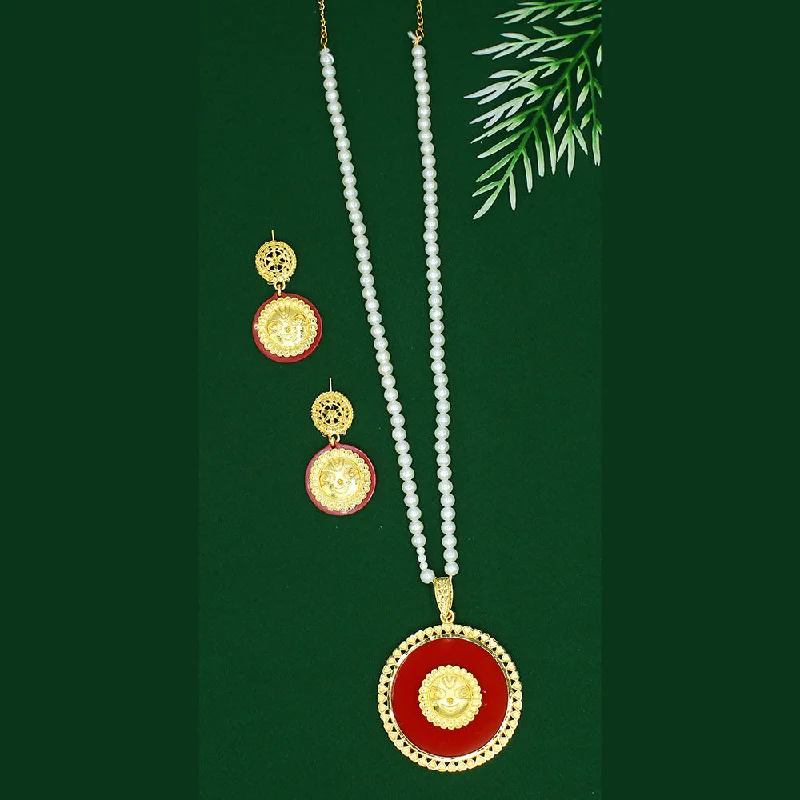 Sparkling Diamond Pendant Necklaces-Mahavir Dye Gold Plated Pearl Long Necklace Set