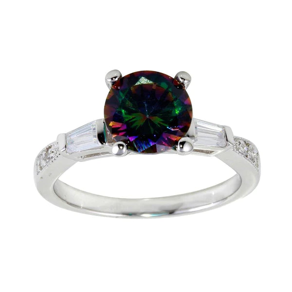 Men’s Wedding Rings-Silver 925 Rhodium Plated Oval Solitaire Synthetic Mystic Topaz Baguette Shank CZ Ring