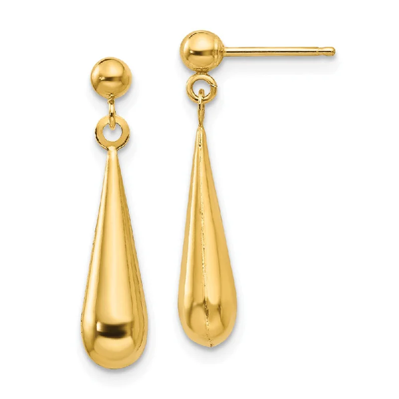 Unique Wedding Stud Earrings-3-D Teardrop Dangle Post Earrings in 14k Yellow Gold, 5 x 22mm