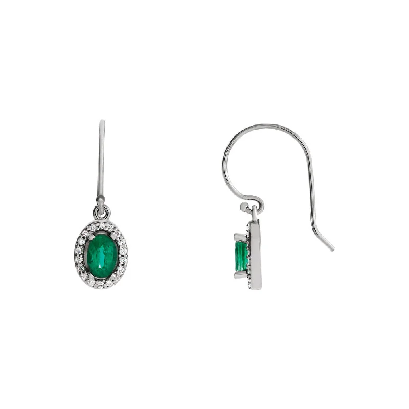 Delicate Drop Earrings-Oval Emerald & Diamond Halo Dangle Earrings in 14k White Gold