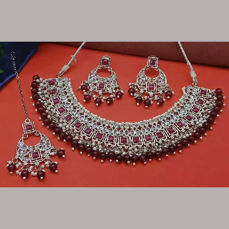 Layered Necklaces for Women-Gehana Mahal Silver Plated Crystal Stone Pearl And Beads Necklace Set