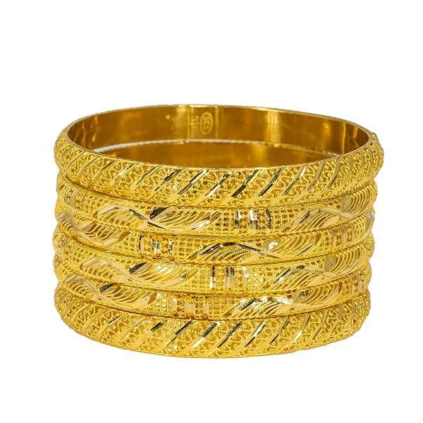 Luxury Silver Bangle Sets-22K Yellow Gold Bangles Set of 6 W/ Detailed Hollow Domed Band, 77.5 gm