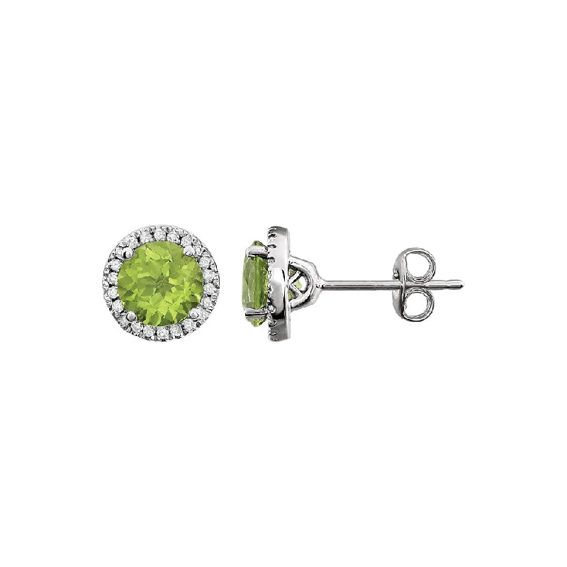 Beautiful Silver Earrings-8mm Halo Style Peridot & Diamond Earrings in 14k White Gold