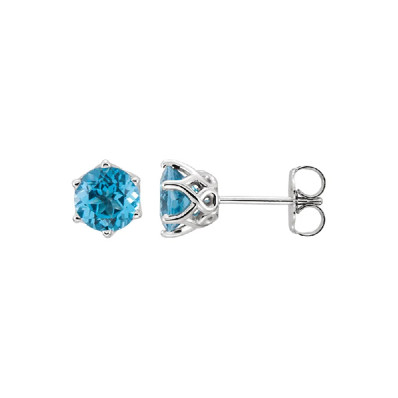 Dainty Gold Earrings-6mm Swiss Blue Topaz 6-Prong Stud Earrings in 14k White Gold