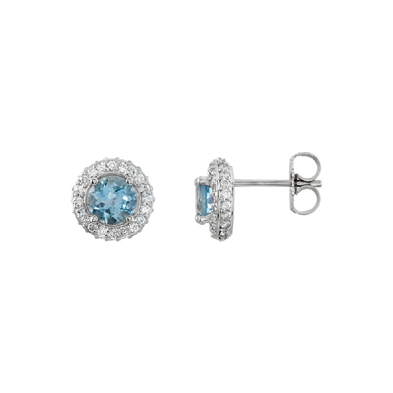 Unique Wedding Stud Earrings-Aquamarine & Diamond Entourage 8.5mm Post Earrings in 14k White Gold