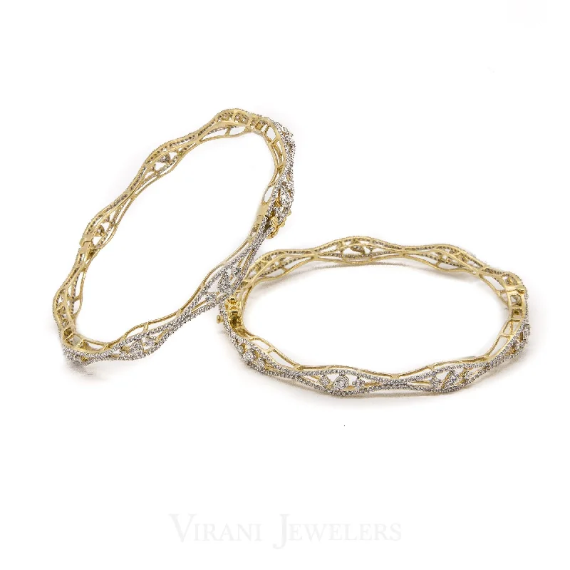 Bold Bangle Bracelets-3.84CT Diamond Bangles in 18K Yellow Gold W/Geometric Design, Set of 2