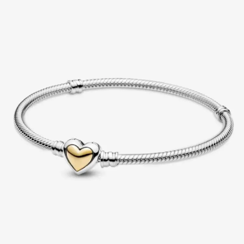 Simple Gold Cuff Bracelets-Pandora Doomed Heart Clasp Snake Chain Bracelet with 14K Gold