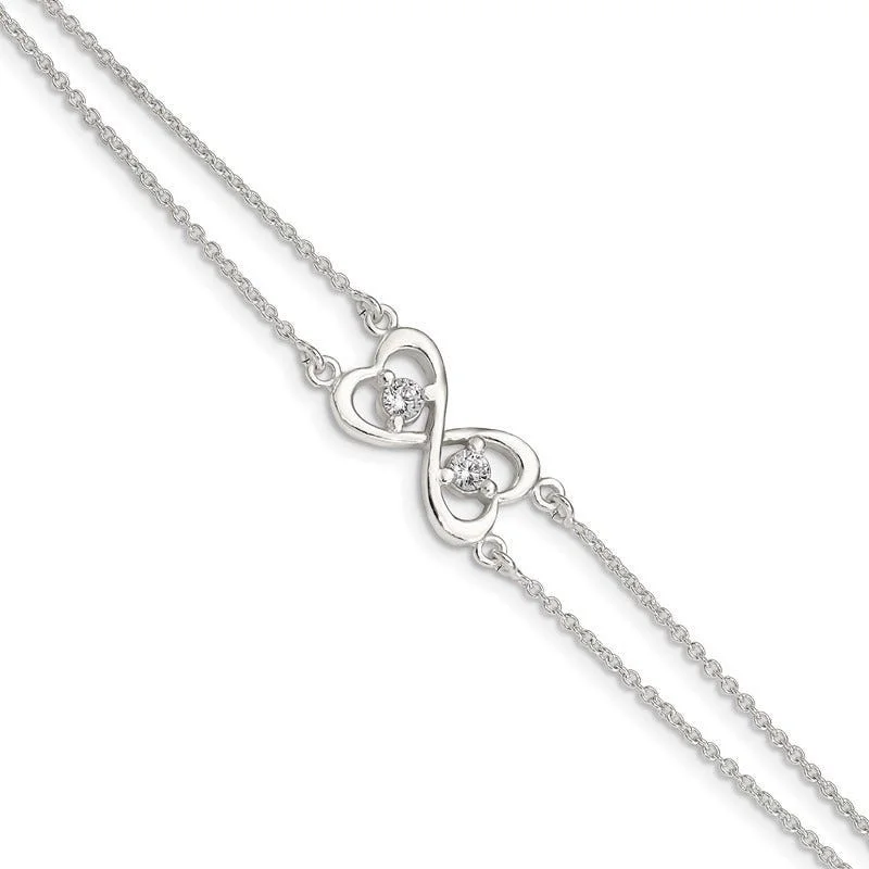 Unique Wedding Bracelet Sets-Sterling Silver Polished CZ Heart Two-strand Bracelet