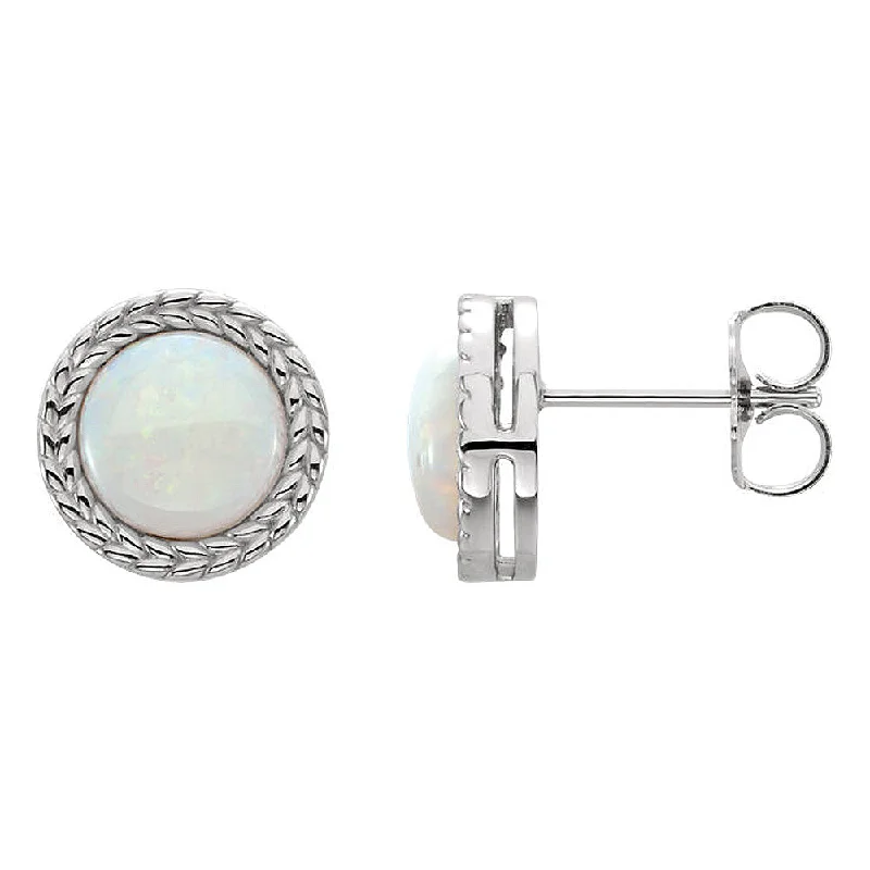 Gemstone Earrings for Weddings-9.5mm (3/8 Inch) 14k White Gold Genuine White Opal Stud Earrings