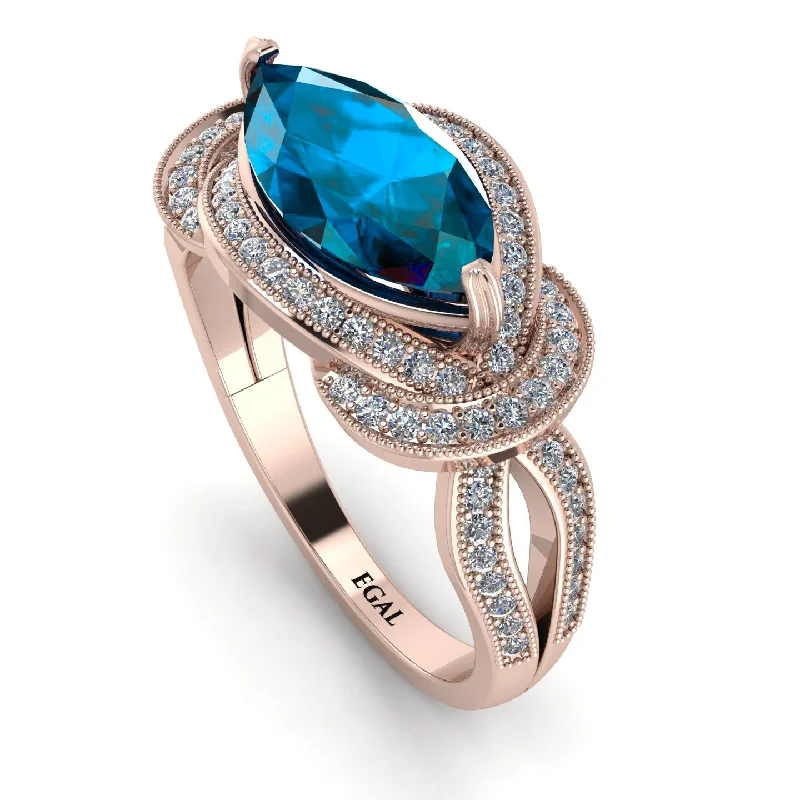 Silver and Gold Rings-Milgrain Marquise Blue Topaz Engagement Ring - Marley No. 502