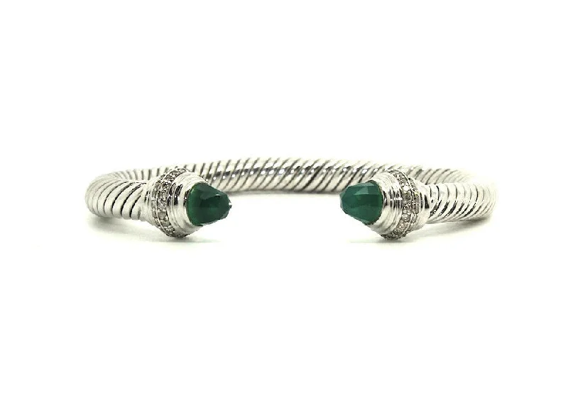 Silver Bangles for Women-Twisted Rope Wire Bangle-Green Onyx & Diamond(7mm)