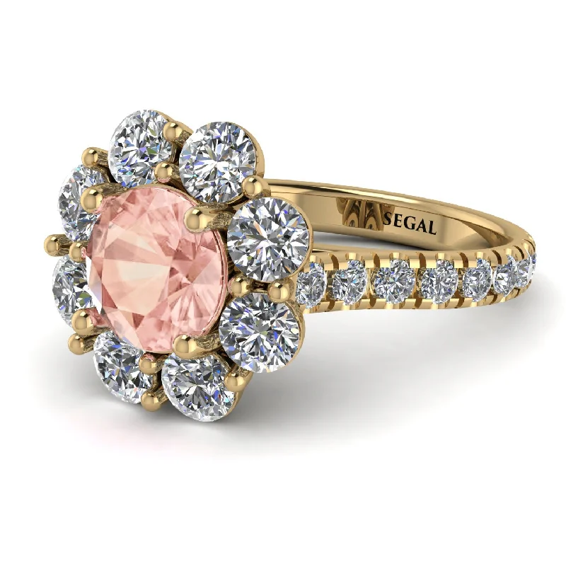 Designer Gold Rings-Glamorous Morganite Halo Engagement Ring - Amaya No. 901