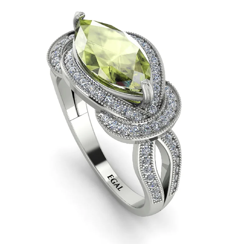 Elegant Gold Rings-Milgrain Marquise Peridot Engagement Ring - Marley No. 703