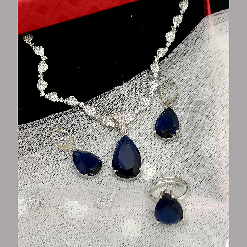 Designer Silver Pendant Necklaces-Exotica Collection American Diamond Blue Necklace Set With Adjustable Ring