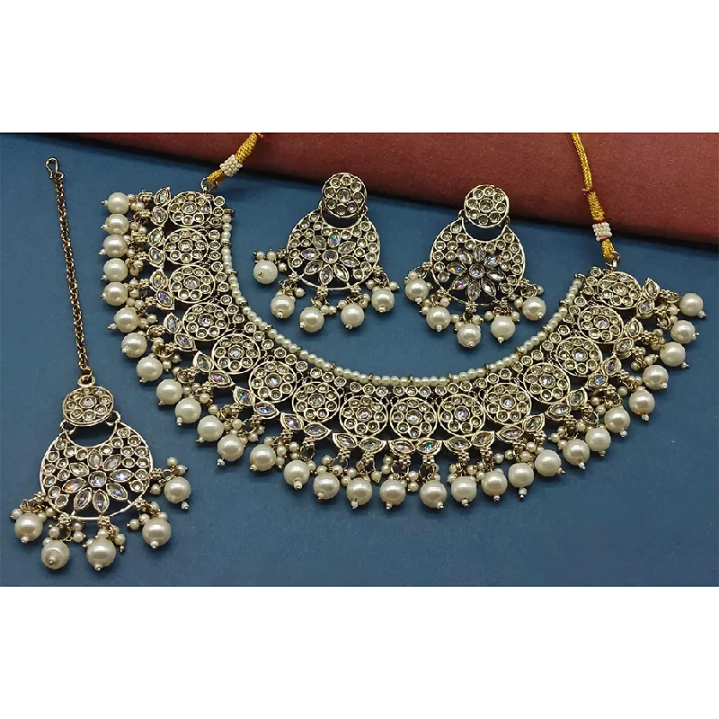 Opal Necklace for Women-Gehana Mahal Gold Plated Crystal Stone Pearl And Beads Necklace Set