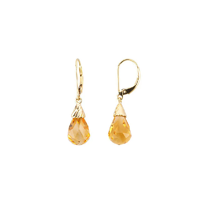 Gold Stud Earrings-Briolette Citrine Lever Back Earrings in 14k Yellow Gold