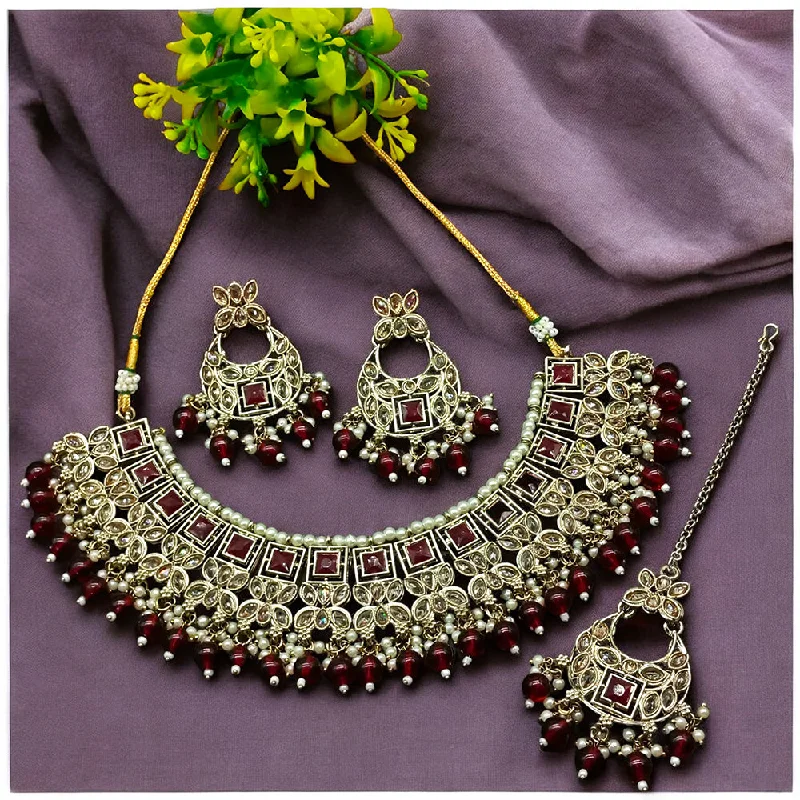 Stylish Statement Necklaces-Gehana Mahal Gold Plated Crystal Stone Pearl And Beads Necklace Set