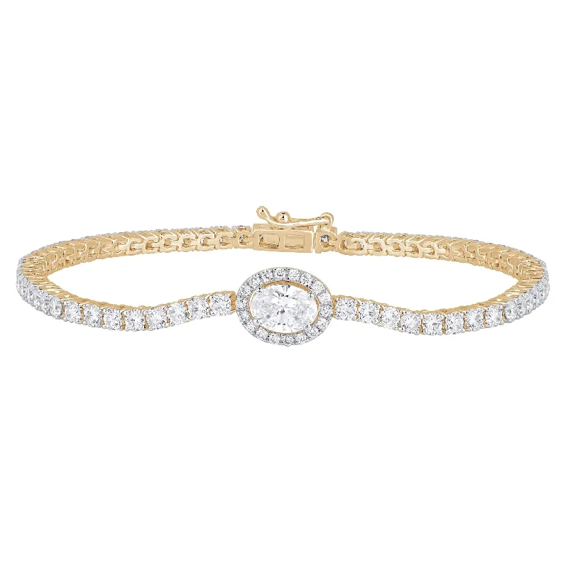 Beautiful Silver Chain Bracelets-Yellow Gold Diamond Tennis Bracelet with Oval Diamond Halo Center