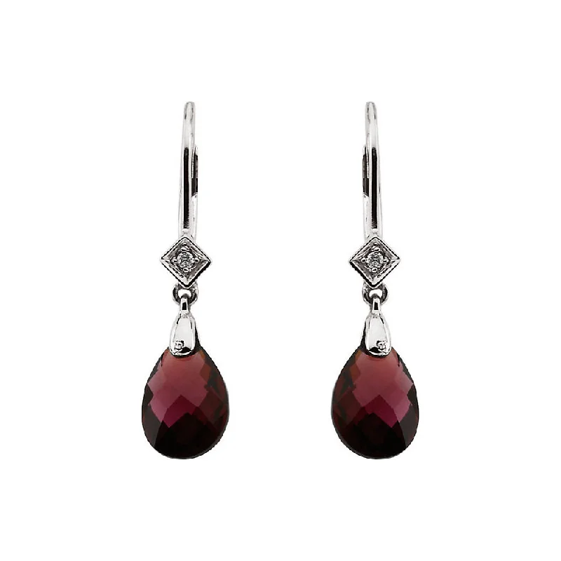 Bohemian Style Earrings-Brazilian Garnet Briolette & Diamond 14k White Gold Leverback Earrings