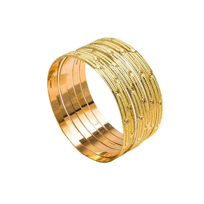 Designer Gold Wedding Bangles-22K Yellow Gold Bangles Set of 6 W/ Textured Band & Smooth Drill Markings