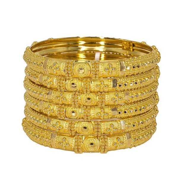 Trendy Gold Bangle Bracelets-22K Yellow Gold Bangles Set of 6 W/ Chunky Beaded Filigree, 80.3 gm