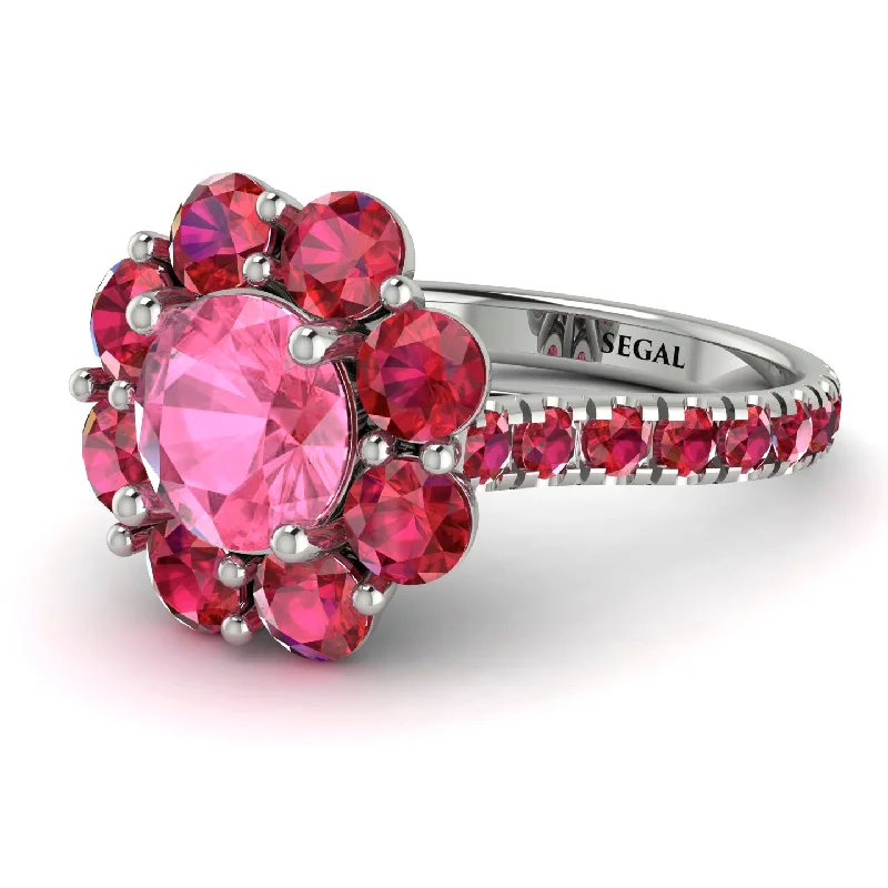 Vintage Style Diamond Rings-Glamorous Pink Moissanite Halo Engagement Ring - Amaya No. 812