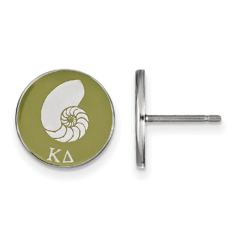 Luxury Silver Earrings-Sterling Silver Kappa Delta Olive Green Enamel Nautilus Post Earrings