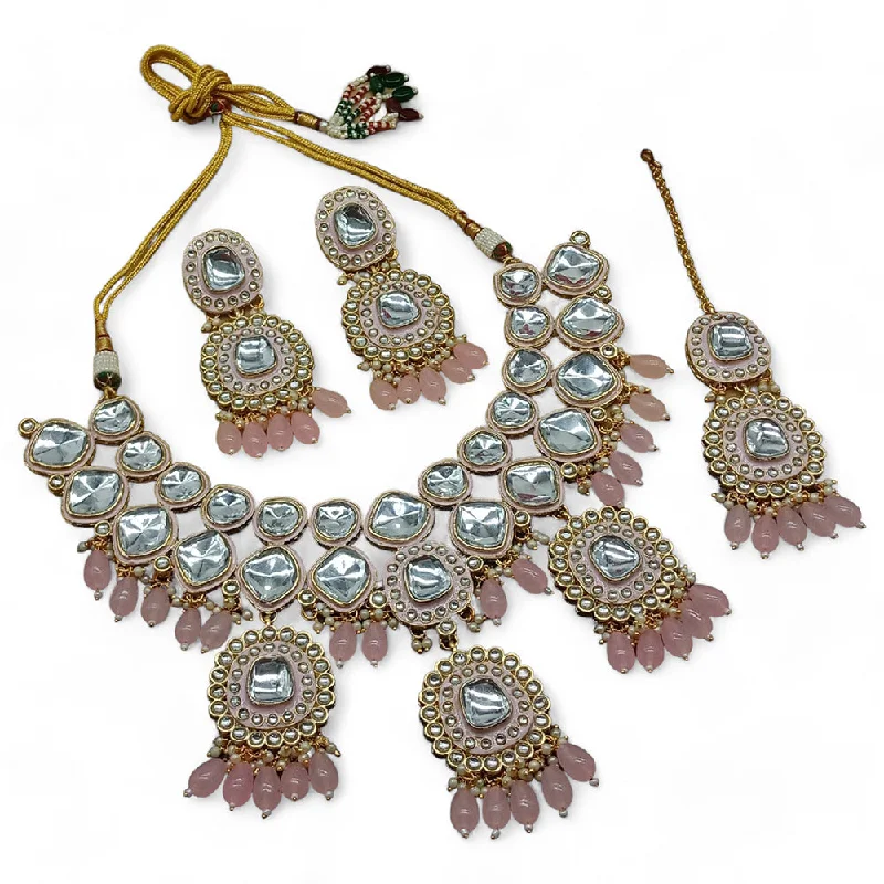 Simple Silver Necklaces-Gehana Mahal Gold Plated Kundan Crystal Stone And Beads Necklace Set