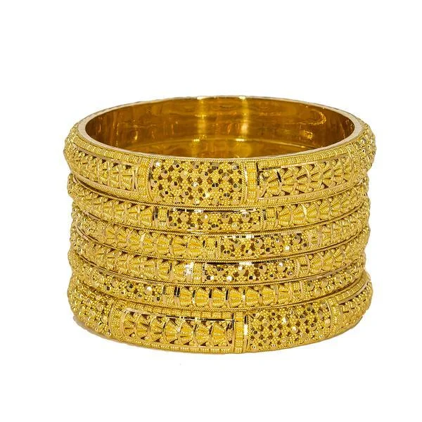 Colorful Wedding Bangle Bracelets-22K Yellow Gold Bangles Set of 6 W/ Thick Hollow Dome & Beaded Filigree, 95.4 gm