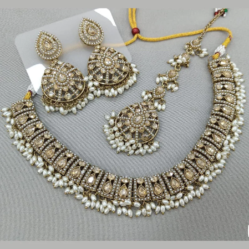 Simple Gemstone Necklaces-Rani Sati Jewels Gold Plated Crystal and Pearl Necklace Set