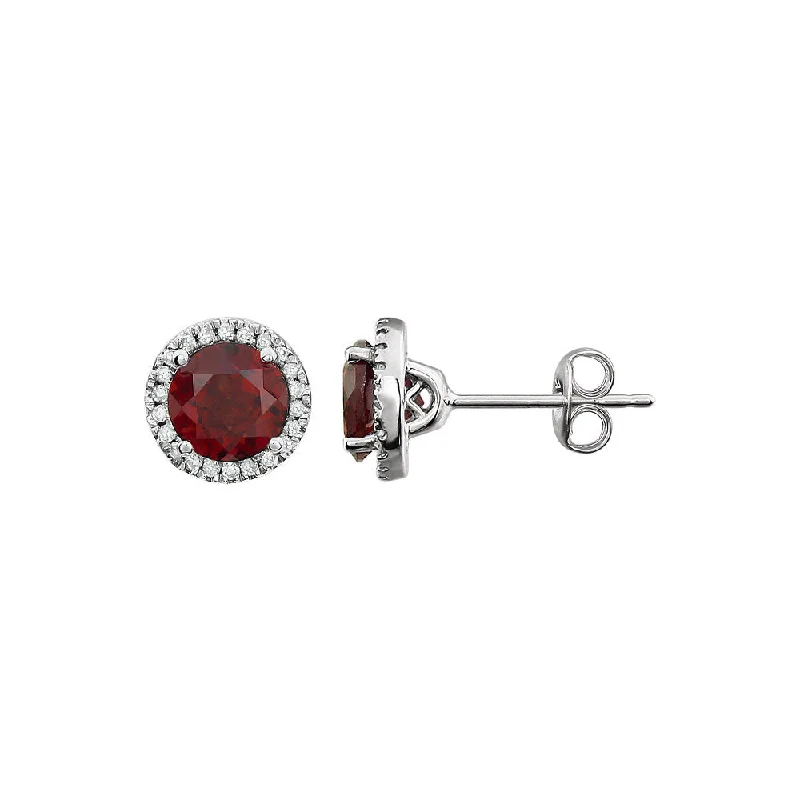 Affordable Gold Earrings-8mm Halo Style Mozambique Garnet & Diamond Earrings in 14k White Gold