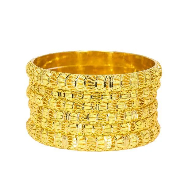 Handcrafted Bangle Sets-22K Yellow Gold Bangles Set of 6 W/ Beaded Filigree, 71.7gm