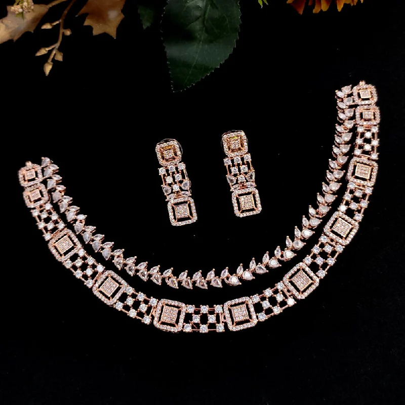 Statement Silver Necklaces-Aamrapali Rose Gold Plated AD Necklace Set