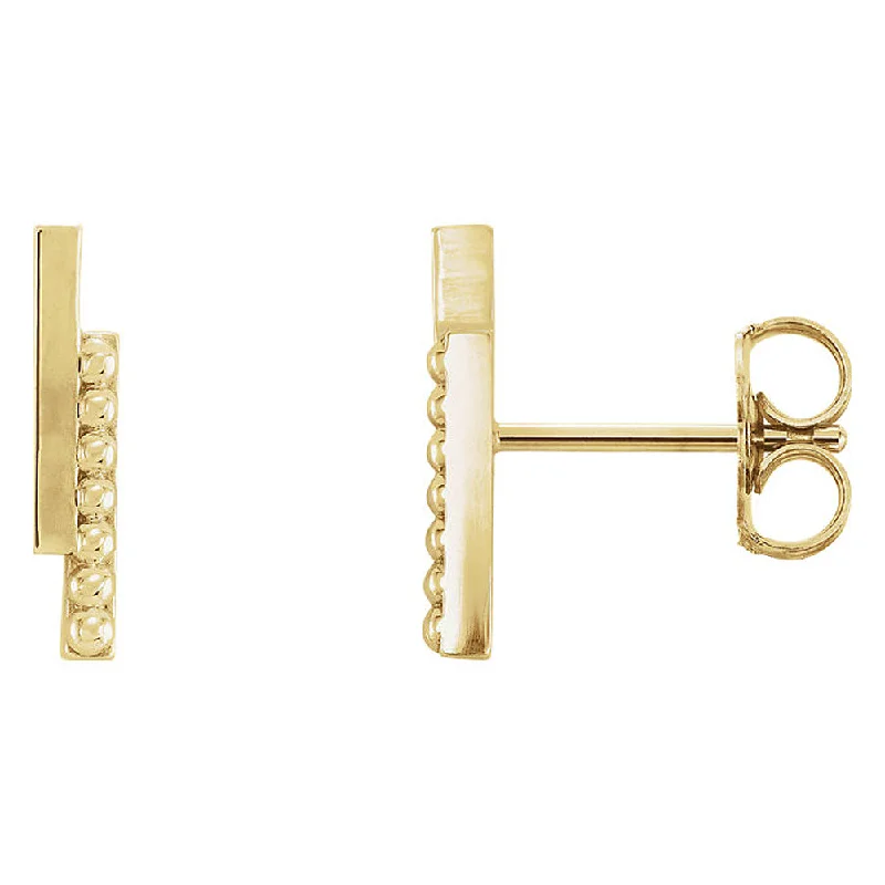 Designer Earrings-2.3 x 12mm (7/16 Inch) 14k Yellow Gold Polished & Beaded Bar Earrings