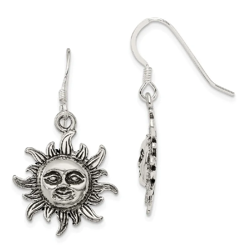 Premium Silver Earrings-17mm Antiqued Sun Dangle Earrings in Sterling Silver