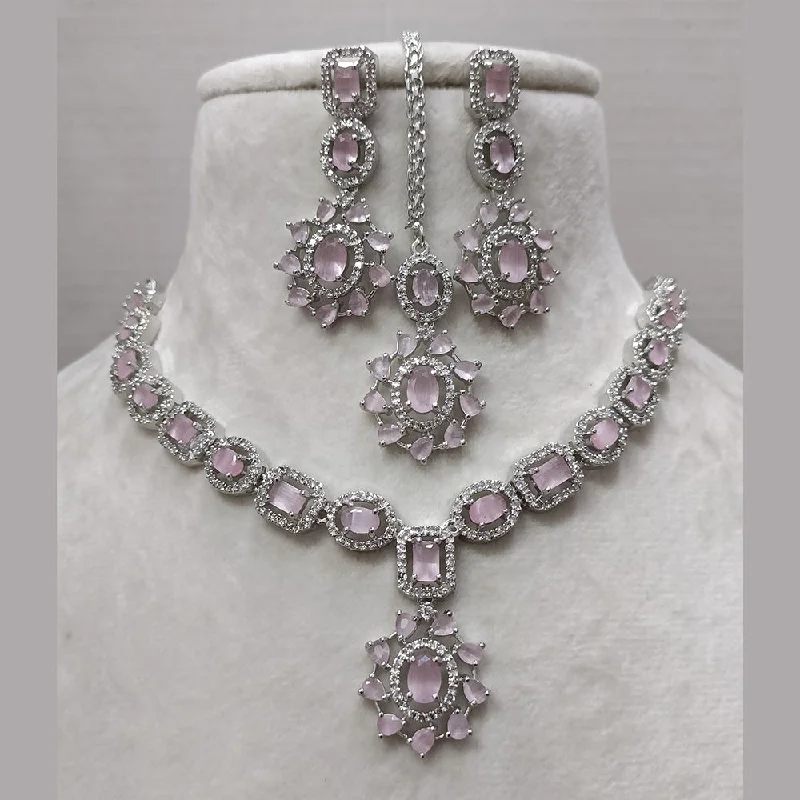 Elegant Pearl Pendant Necklaces-Exotica Collection American Diamond Pink Necklace Set With Maangtika