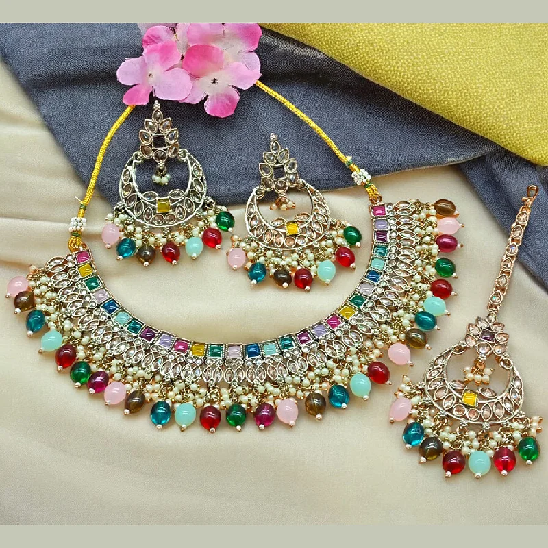 Stylish Pendant Chains-Gehana Mahal Gold Plated Crystal Stone Pearl And Beads Necklace Set