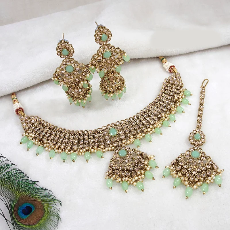 Antique Style Necklaces-Mangalmani Jewels Gold Plated Crystal Stone Pearl And Beads Necklace Set