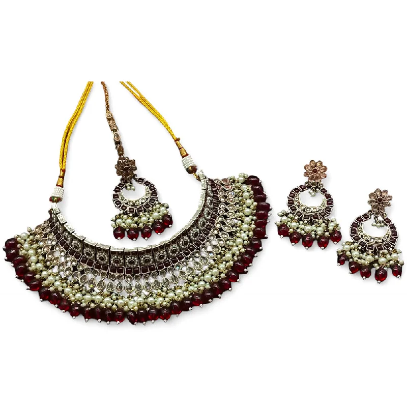 Classic Silver Chain Necklaces-Gehana Mahal Gold Plated Crystal Stone Pearl And Beads Necklace Set