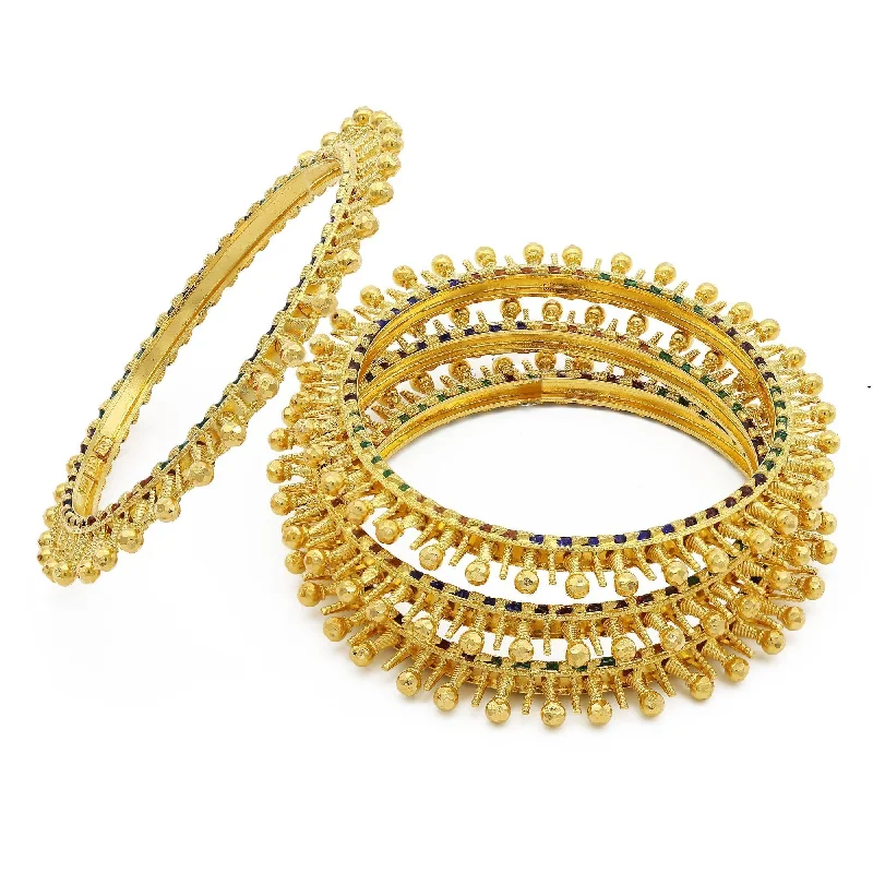 Dainty Wedding Bangle Sets-22K Yellow Gold Studded Bangles W/ Side Handpaint Enamel, Set of 4