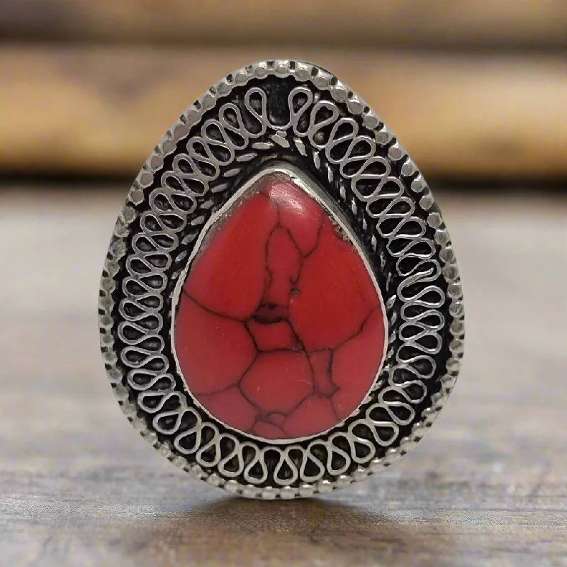 Silver Wedding Bands-Red Stone Tribal Ring