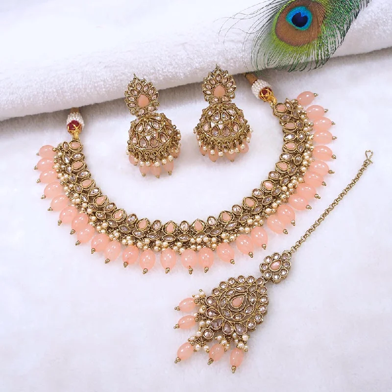 Bridal Necklaces-Mangalmani Jewels Gold Plated Crystal Stone Pearl And Beads Necklace Set