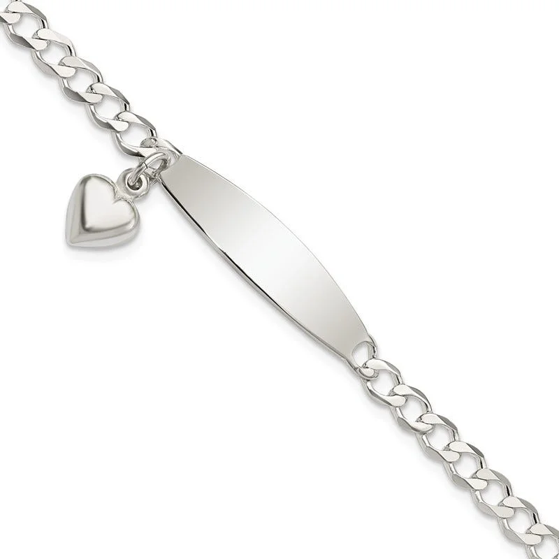 Unique Leather Bracelets-Sterling Silver Polished Curb Link ID Heart Dangle 8.5in Bracelet