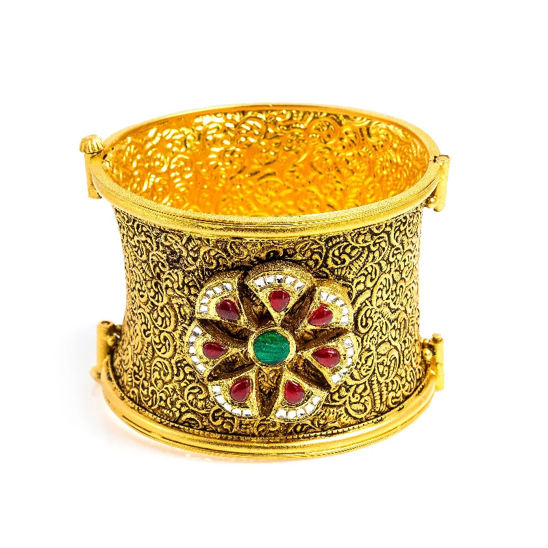 Beautiful Wedding Bangle Bracelets-22K Yellow Gold Bangle W/ Rubies, Emeralds & CZ Gems on Antique Finish Flower Cuff