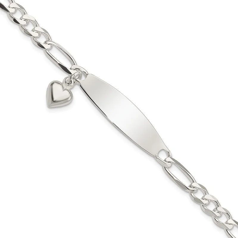 Designer Cuff Bracelets-Sterling Silver Polished Figaro ID Heart Dangle Bracelet