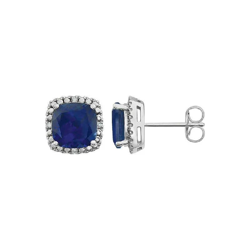 Custom Wedding Earrings-Created Blue Sapphire & Diamond 10mm Earrings in 14k White Gold