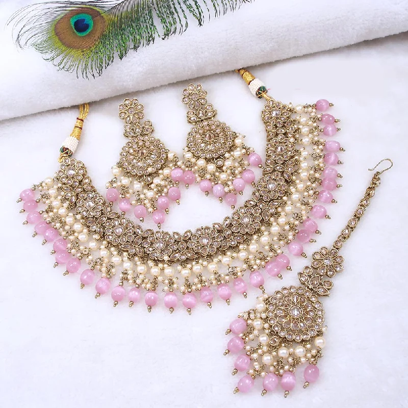 Stylish Gold Necklaces-Mangalmani Jewels Gold Plated Crystal Stone Pearl And Beads Necklace Set