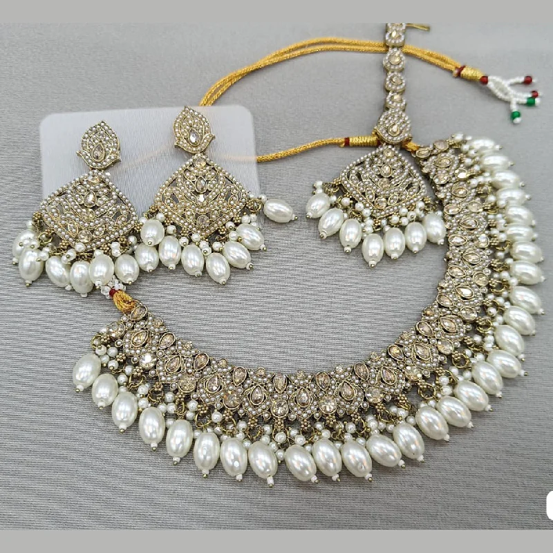 Beautiful Gold Choker Necklaces-Rani Sati Jewels Gold Plated Crystal and Pearl Necklace Set