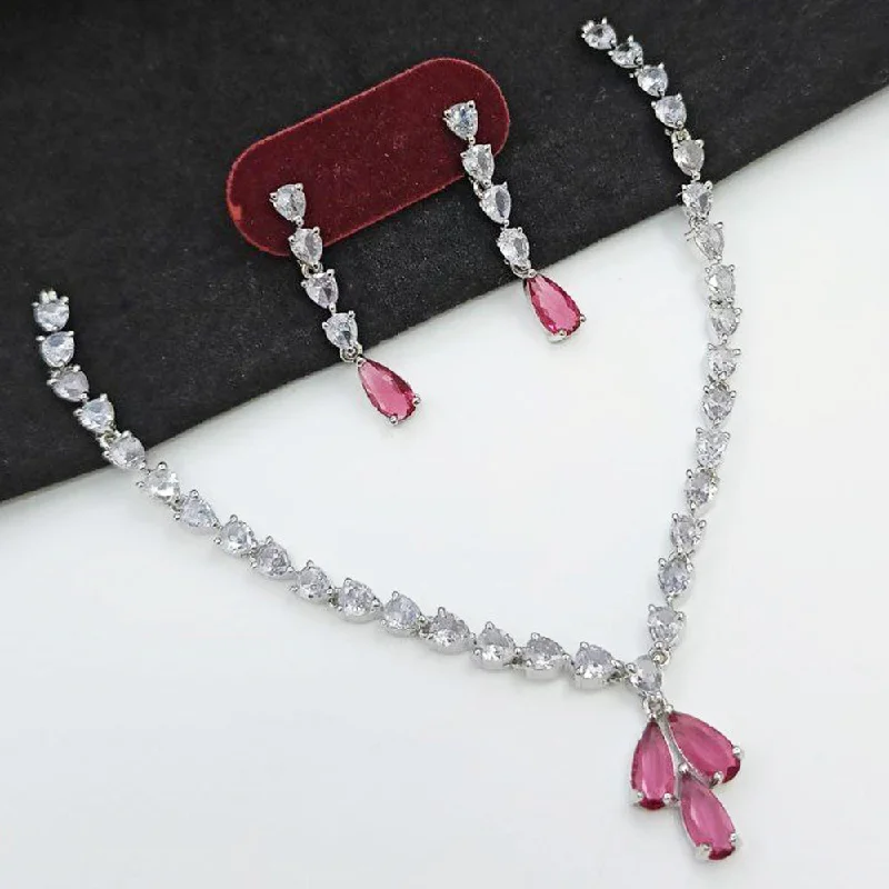 Elegant Crystal Pendant Necklaces-Aamrapali Silver Plated AD Necklace Set