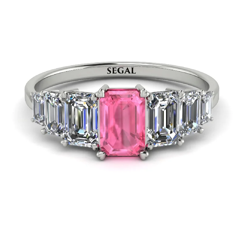 Designer Diamond Rings-Emerald Cut Pink Moissanite Geometrical Ring - Briella No. 803